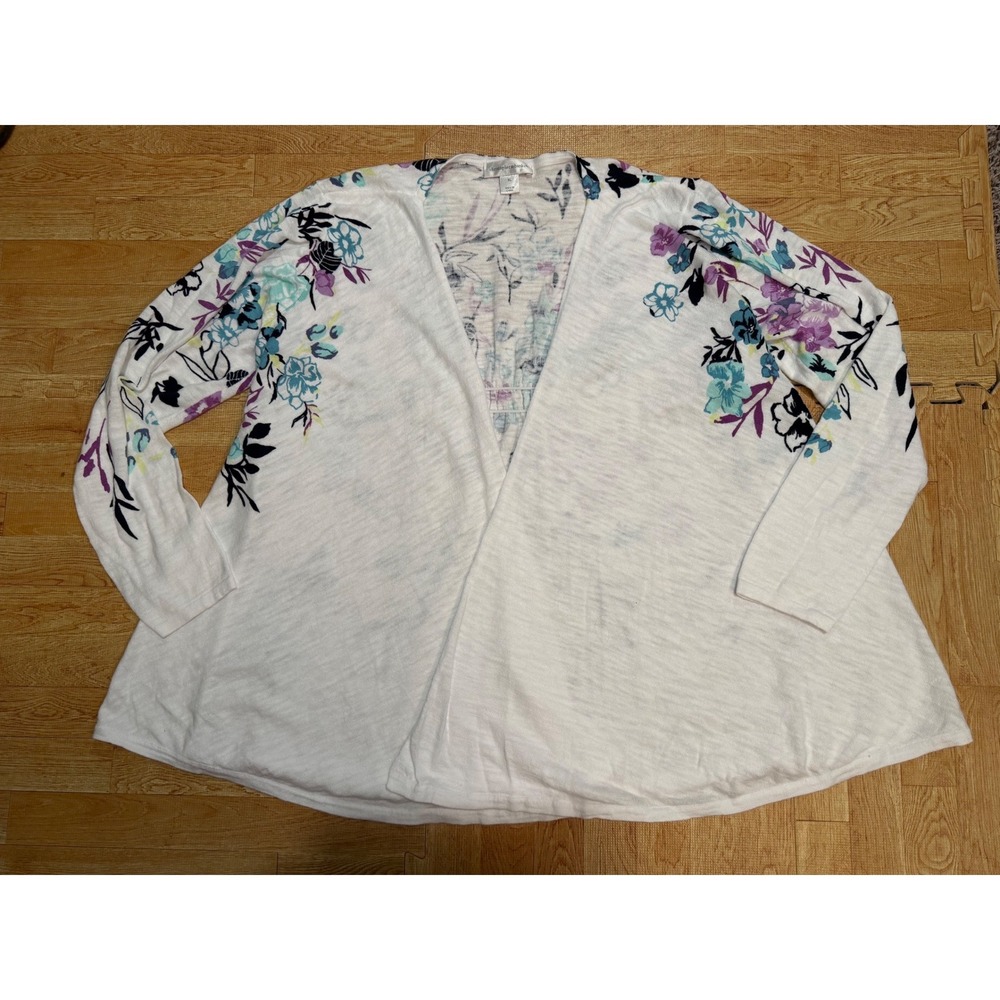 Christopher & Banks Floral Open Front Cardigan White Purple Teal XL